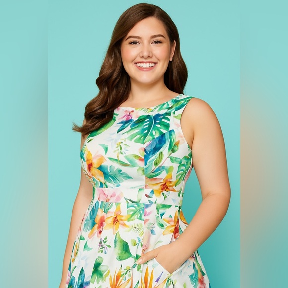 Unique Vintage 50s Tropical White & Orange Floral Cotton Swing Dress, Large, NWT - Picture 7 of 16